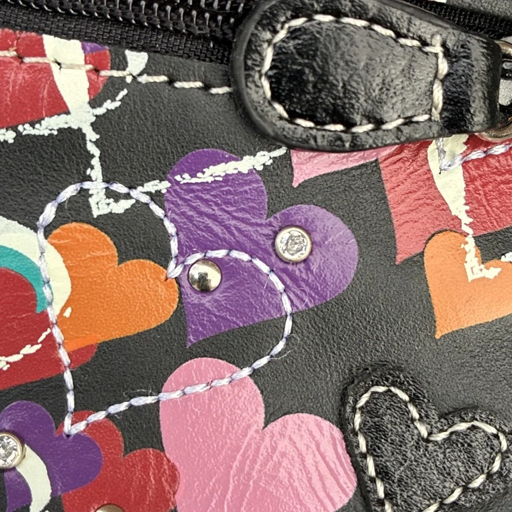 Vintage FOSSIL Key Ring ID Zipper Pouch Black w/ Hearts & Bling Leather 5
